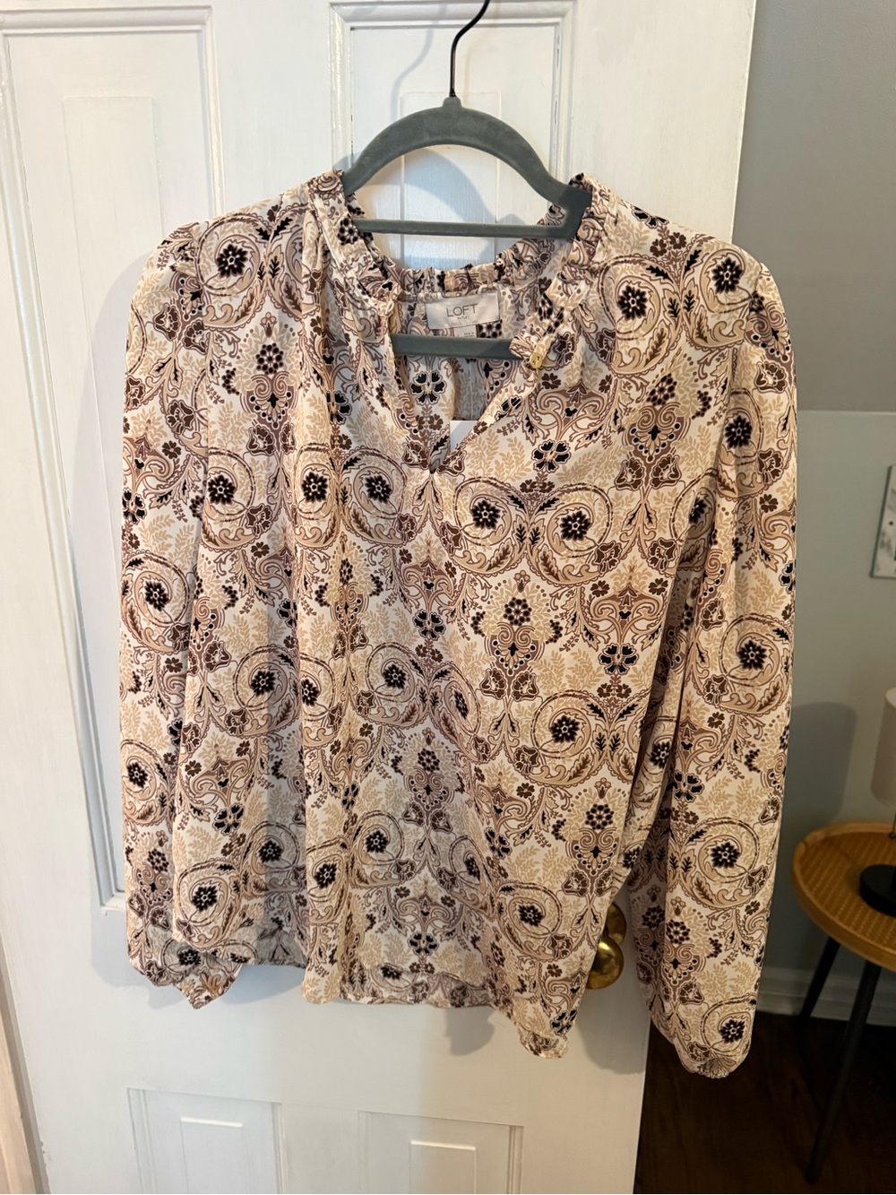 LOFT Paisley Print Long-Sleeve Blouse in Cream and Brown